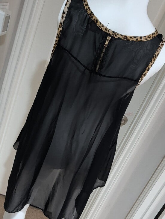 Ime Black Sheer Camisole Tunic With Leopard-Print Trim Women's XL