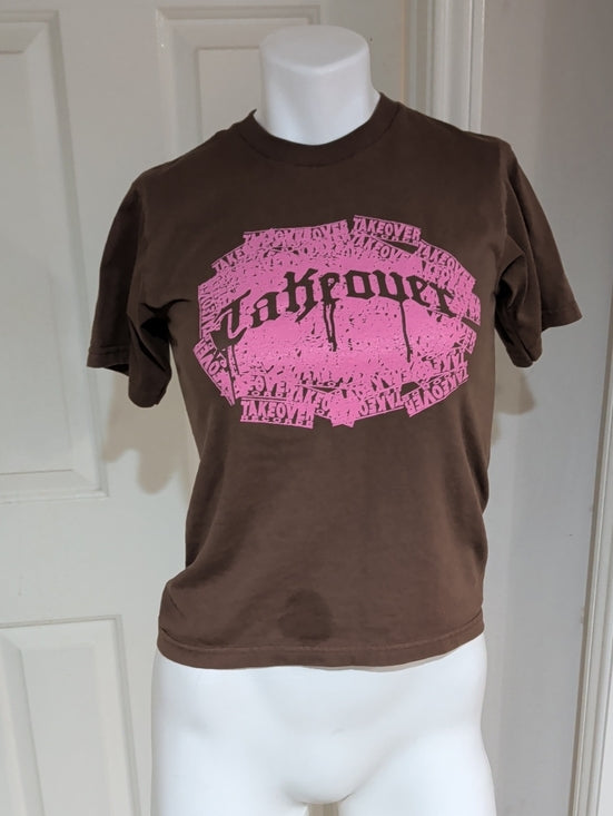 Kids Short Sleeve Brown T-Shirt with Pink Graphic Takeover Records Women's XS US