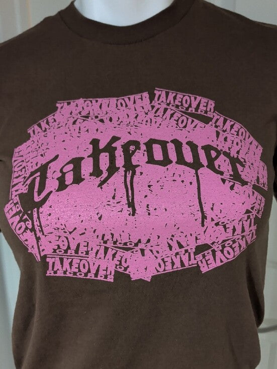 Kids Short Sleeve Brown T-Shirt with Pink Graphic Takeover Records Women's XS US