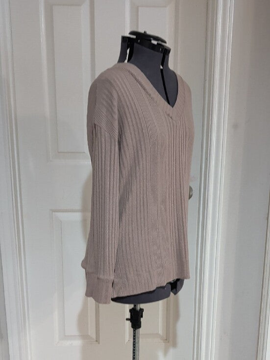 Andrew Marc Ribbed Taupe Classic V-Neck Sweater Men's Small