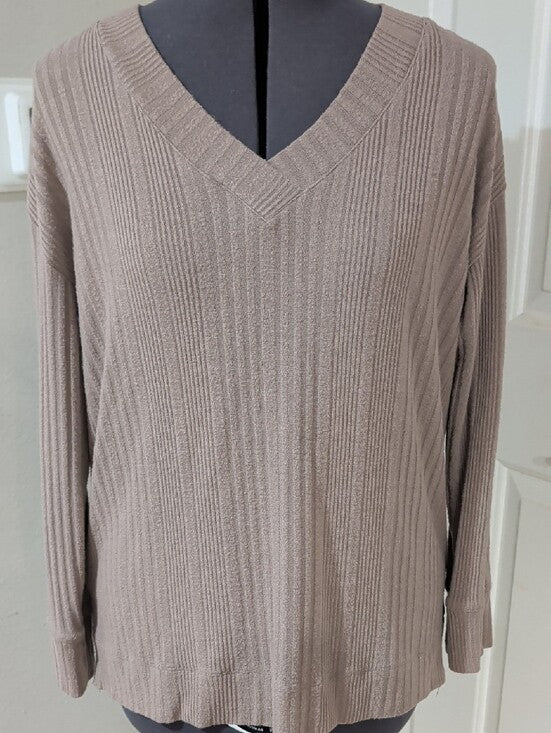 Andrew Marc Ribbed Taupe Classic V-Neck Sweater Men's Small