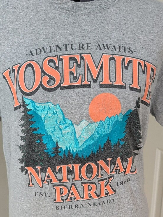 Yosemite National Park Graphic Tee - Gray with Coral & Teal Print Men's Medium