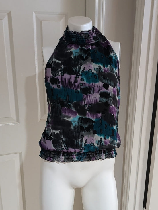 BCX Halter Camisole in Teal, Purple & Black Abstract Print Women's Medium