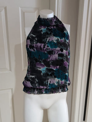 BCX Halter Camisole in Teal, Purple & Black Abstract Print Women's Medium