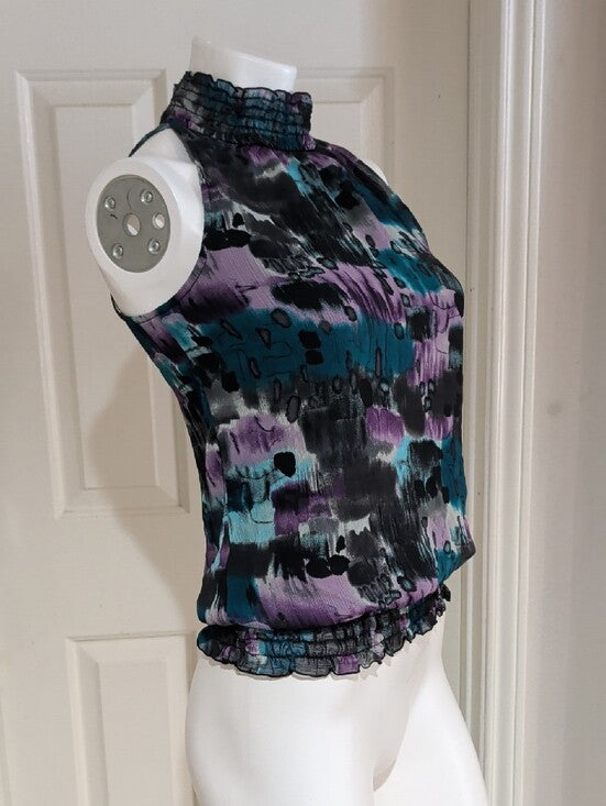 BCX Halter Camisole in Teal, Purple & Black Abstract Print Women's Medium