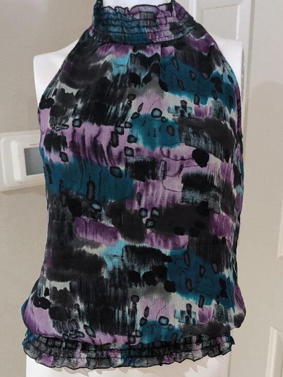 BCX Halter Camisole in Teal, Purple & Black Abstract Print Women's Medium