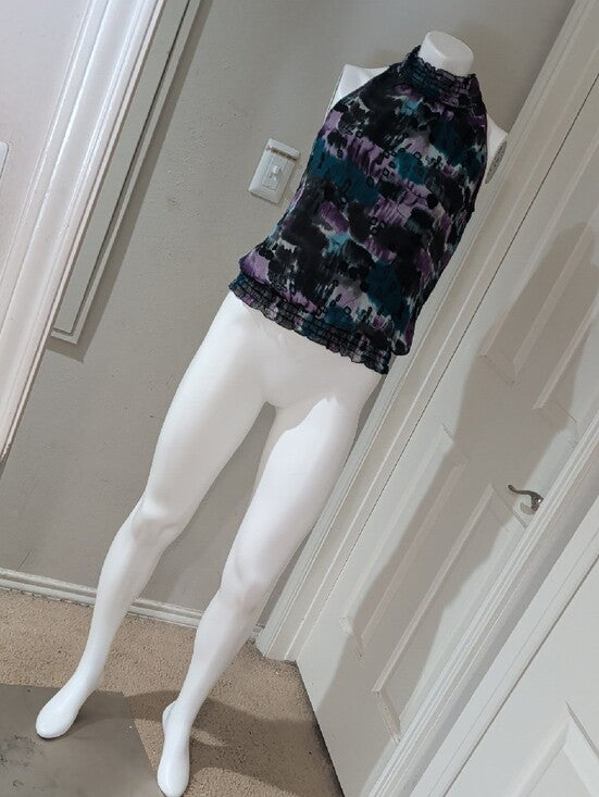 BCX Halter Camisole in Teal, Purple & Black Abstract Print Women's Medium