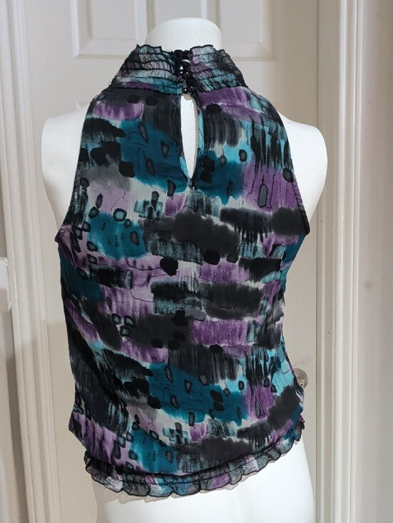 BCX Halter Camisole in Teal, Purple & Black Abstract Print Women's Medium