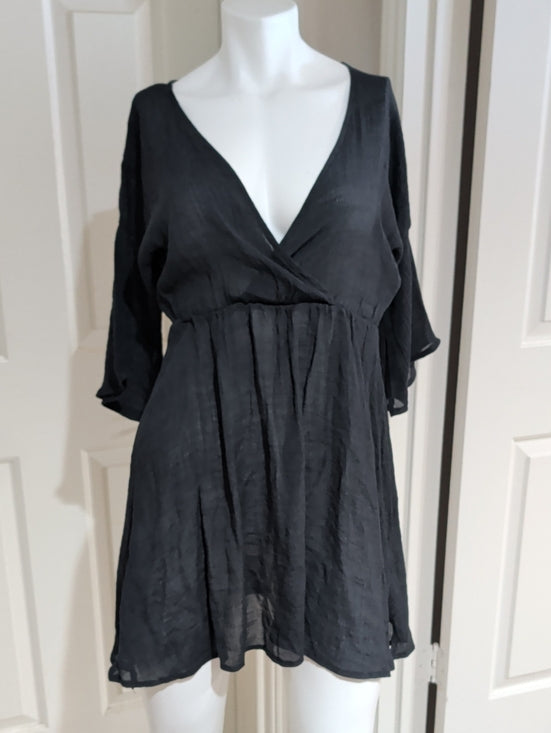 Black V-Neck Women's Short Sleeve Sheer Dress Cover-Up One Size (O/S)