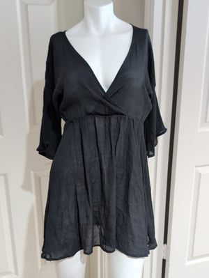 Black V-Neck Women's Short Sleeve Sheer Dress Cover-Up One Size (O/S)
