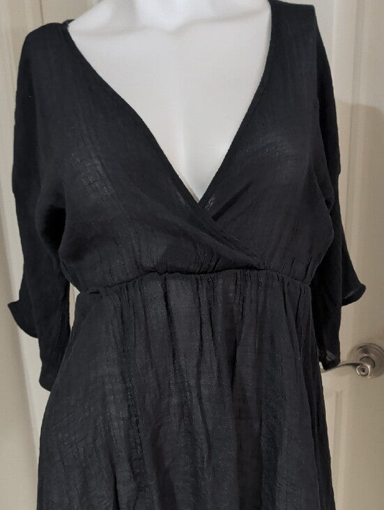 Black V-Neck Women's Short Sleeve Sheer Dress Cover-Up One Size (O/S)
