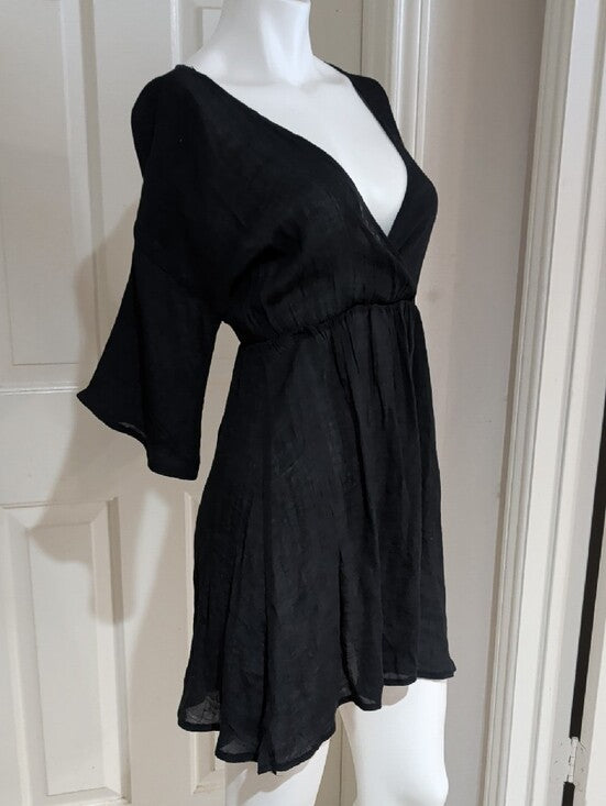 Black V-Neck Women's Short Sleeve Sheer Dress Cover-Up One Size (O/S)