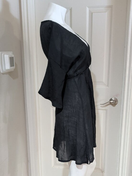 Black V-Neck Women's Short Sleeve Sheer Dress Cover-Up One Size (O/S)