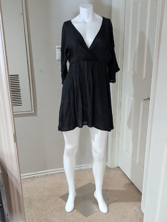 Black V-Neck Women's Short Sleeve Sheer Dress Cover-Up One Size (O/S)