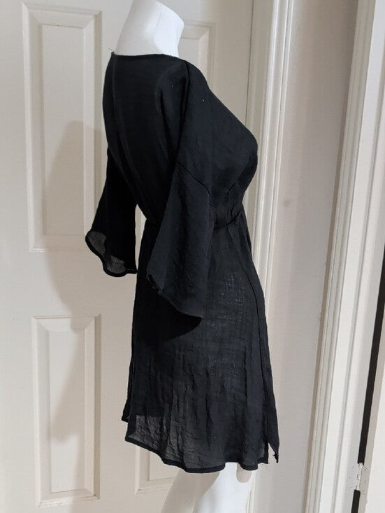 Black V-Neck Women's Short Sleeve Sheer Dress Cover-Up One Size (O/S)