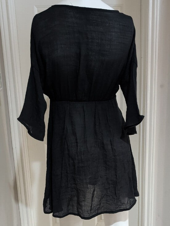 Black V-Neck Women's Short Sleeve Sheer Dress Cover-Up One Size (O/S)