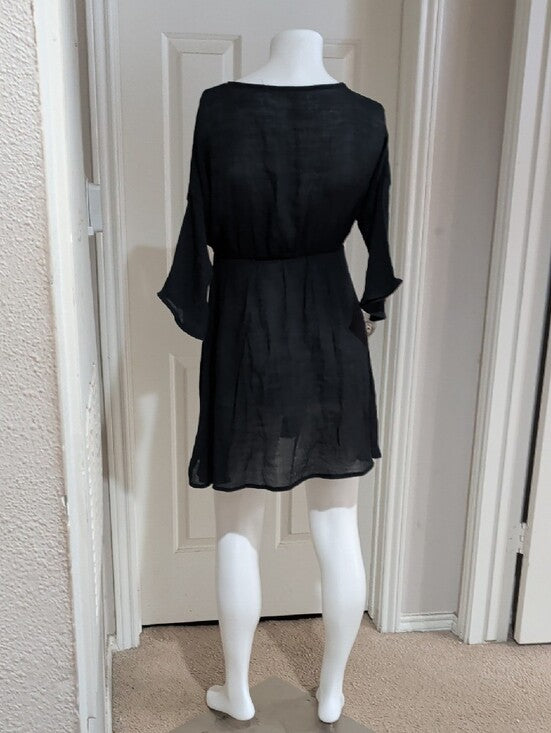 Black V-Neck Women's Short Sleeve Sheer Dress Cover-Up One Size (O/S)