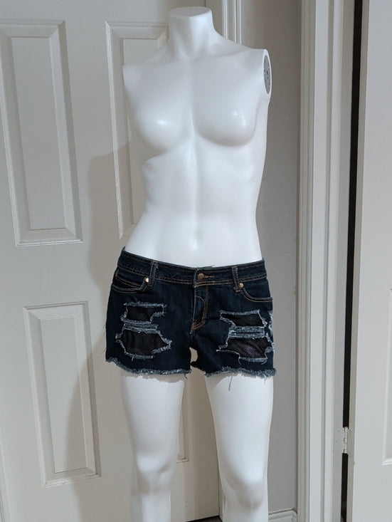Y2K Rocawear Dark Blue Distressed Low-Rise Denim Shorts with Frayed Hem Women's 9 (M/L)