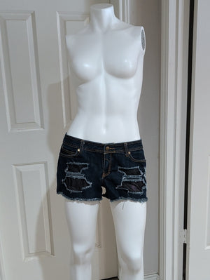 Y2K Rocawear Dark Blue Distressed Low-Rise Denim Shorts with Frayed Hem Women's 9 (M/L)
