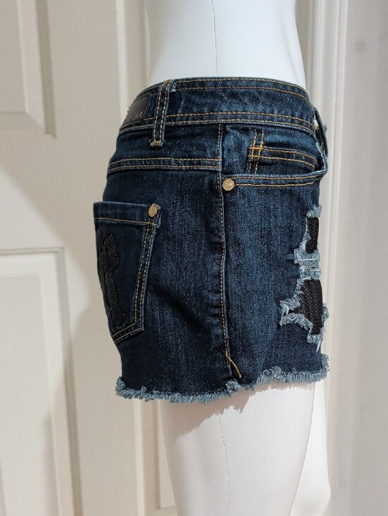 Y2K Rocawear Dark Blue Distressed Low-Rise Denim Shorts with Frayed Hem Women's 9 (M/L)