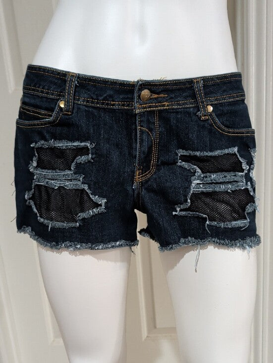 Y2K Rocawear Dark Blue Distressed Low-Rise Denim Shorts with Frayed Hem Women's 9 (M/L)