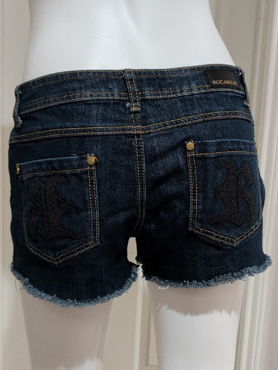 Y2K Rocawear Dark Blue Distressed Low-Rise Denim Shorts with Frayed Hem Women's 9 (M/L)