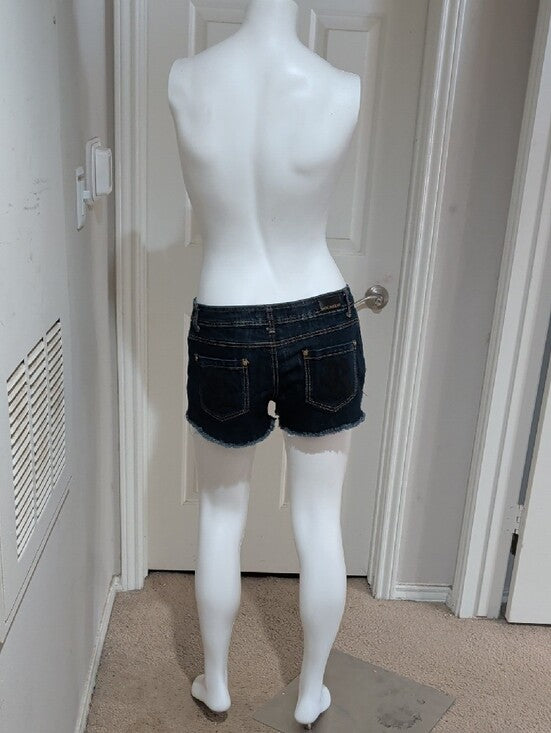 Y2K Rocawear Dark Blue Distressed Low-Rise Denim Shorts with Frayed Hem Women's 9 (M/L)