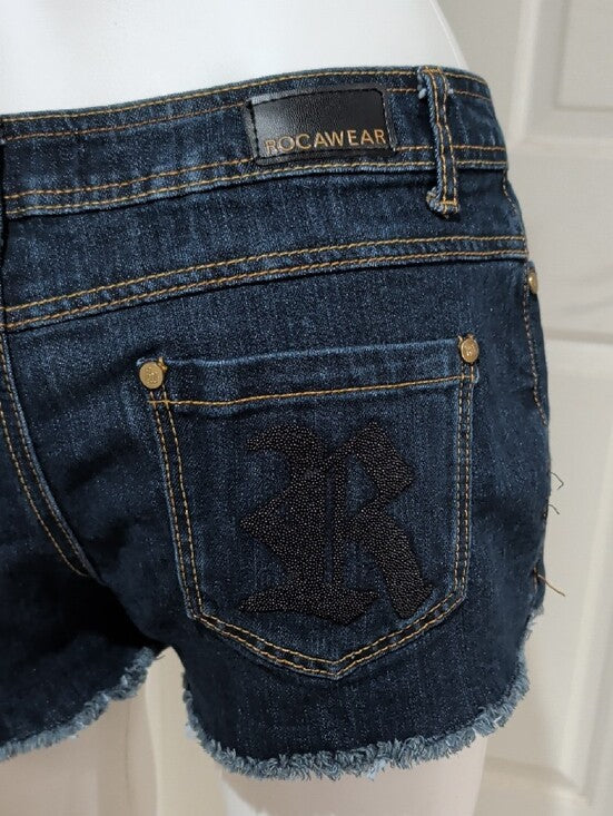 Y2K Rocawear Dark Blue Distressed Low-Rise Denim Shorts with Frayed Hem Women's 9 (M/L)