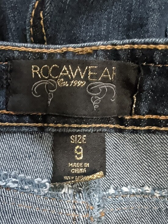 Y2K Rocawear Dark Blue Distressed Low-Rise Denim Shorts with Frayed Hem Women's 9 (M/L)