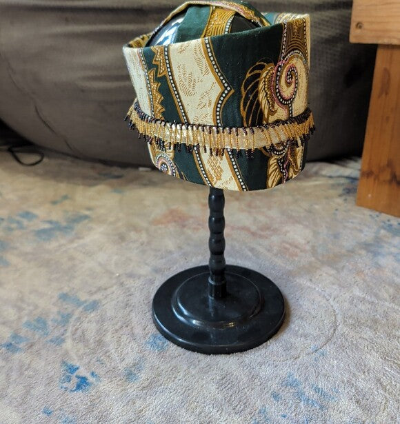 Tribal Decorative Beaded Fabric Hat - Green and Gold