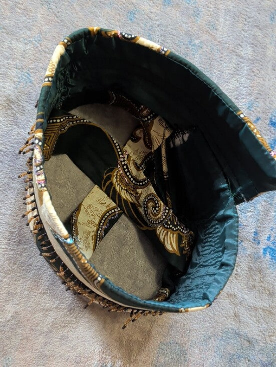 Tribal Decorative Beaded Fabric Hat - Green and Gold