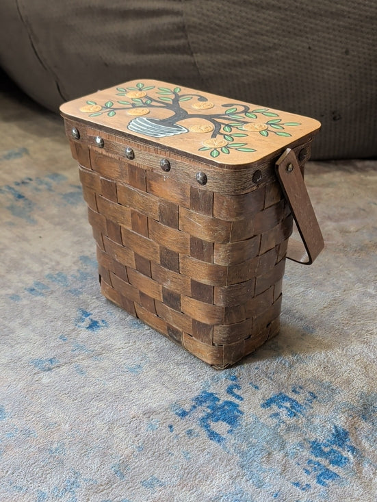 1960's Gary Gail Dallas Rustic Handwoven Basket Painted Tree Lid - Vintage Coin Basket