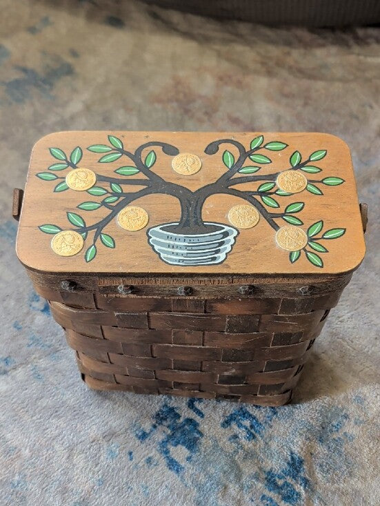 1960's Gary Gail Dallas Rustic Handwoven Basket Painted Tree Lid - Vintage Coin Basket