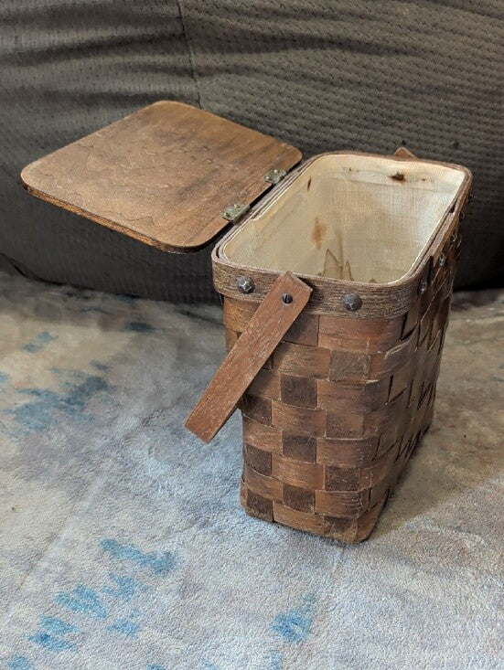 1960's Gary Gail Dallas Rustic Handwoven Basket Painted Tree Lid - Vintage Coin Basket