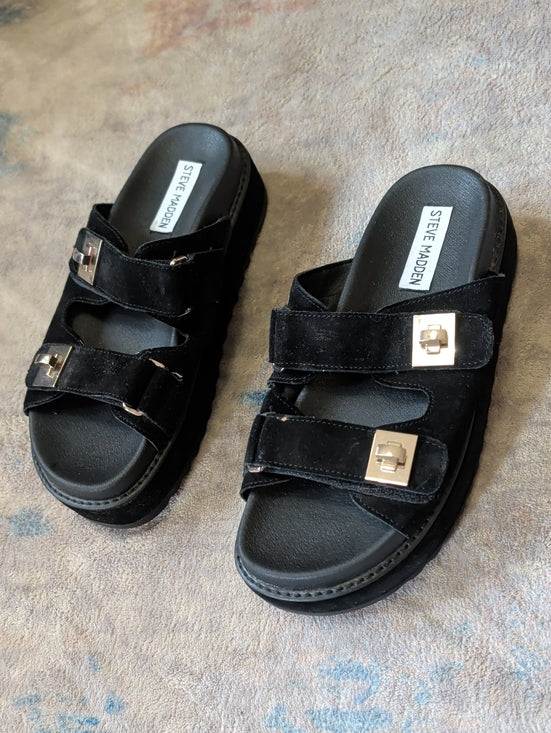 Steve Madden Black Suede Double-Strap Leather Slide Sandals w/ Gold Buckles 7.5