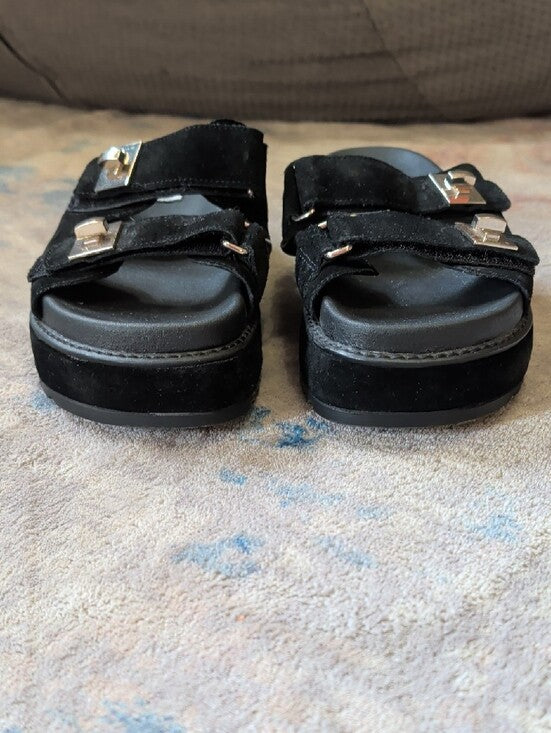 Steve Madden Black Suede Double-Strap Leather Slide Sandals w/ Gold Buckles 7.5