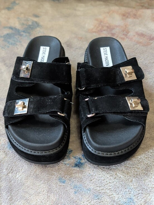 Steve Madden Black Suede Double-Strap Leather Slide Sandals w/ Gold Buckles 7.5