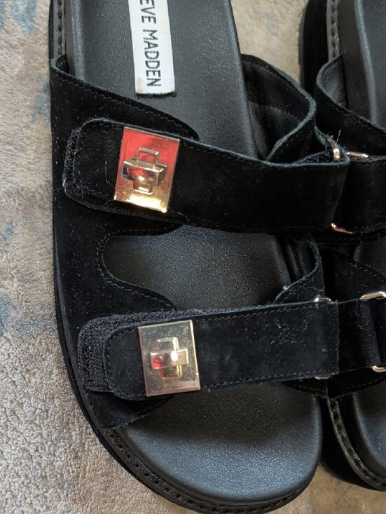 Steve Madden Black Suede Double-Strap Leather Slide Sandals w/ Gold Buckles 7.5