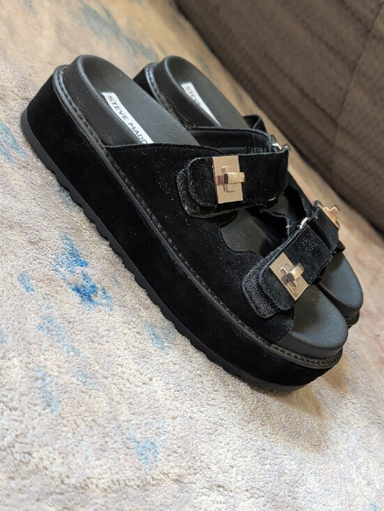 Steve Madden Black Suede Double-Strap Leather Slide Sandals w/ Gold Buckles 7.5