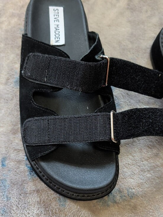 Steve Madden Black Suede Double-Strap Leather Slide Sandals w/ Gold Buckles 7.5