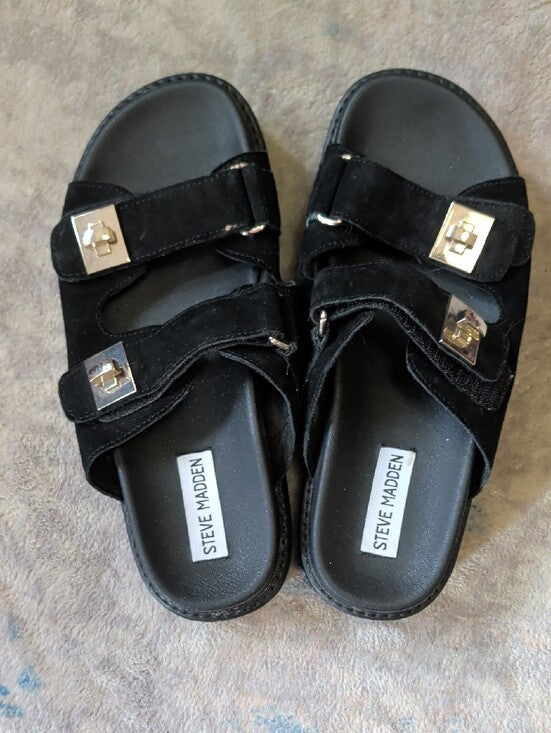 Steve Madden Black Suede Double-Strap Leather Slide Sandals w/ Gold Buckles 7.5