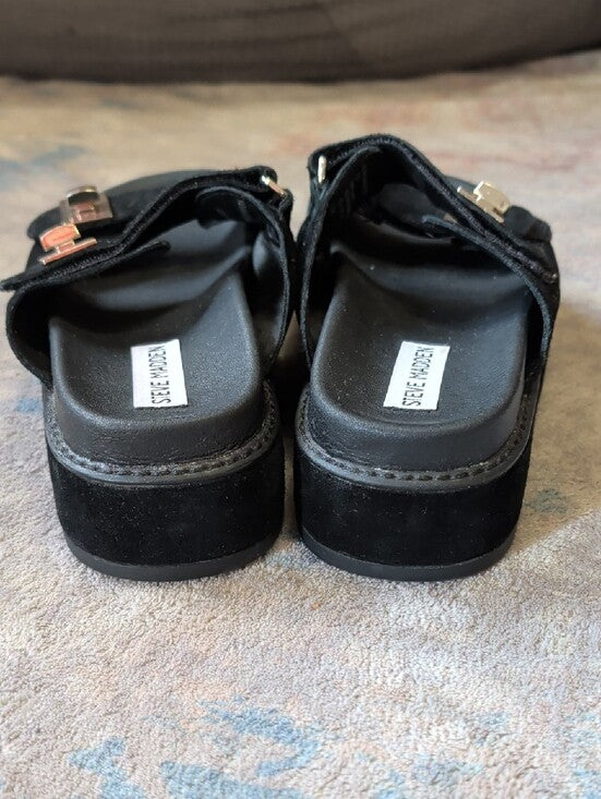 Steve Madden Black Suede Double-Strap Leather Slide Sandals w/ Gold Buckles 7.5