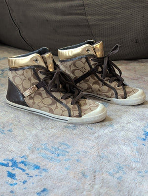 Coach Monogram High-Top Sneakers in Brown and Gold Metallic Men's 9.5 US