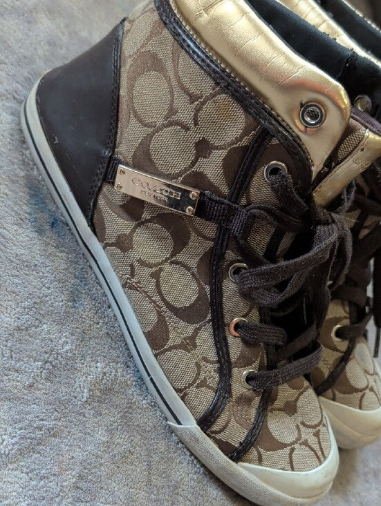 Coach Monogram High-Top Sneakers in Brown and Gold Metallic Men's 9.5 US