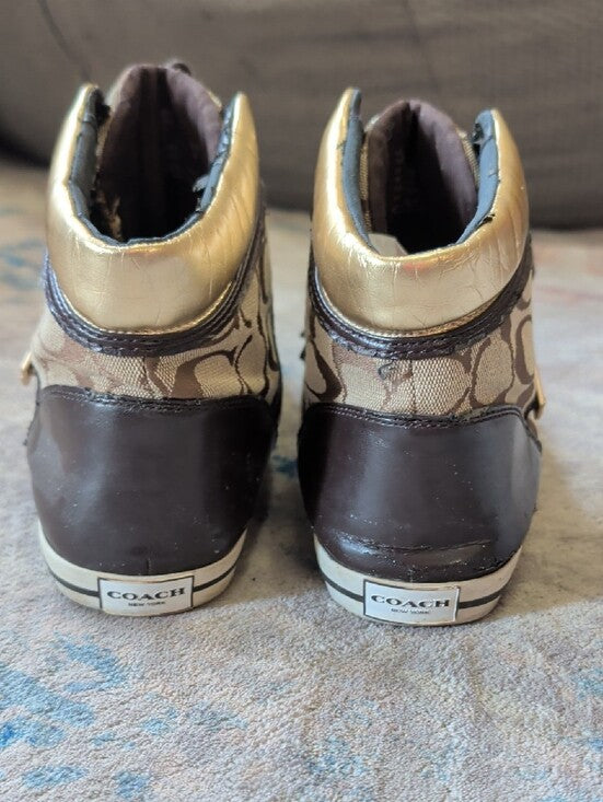 Coach Monogram High-Top Sneakers in Brown and Gold Metallic Men's 9.5 US