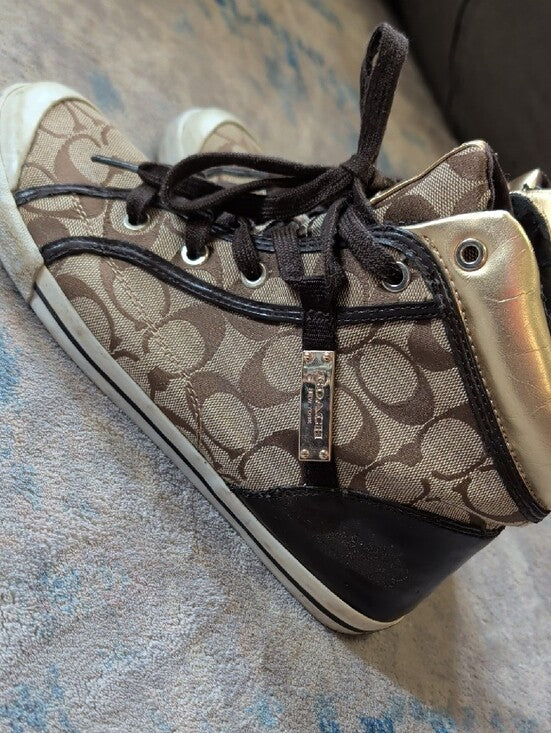 Coach Monogram High-Top Sneakers in Brown and Gold Metallic Men's 9.5 US