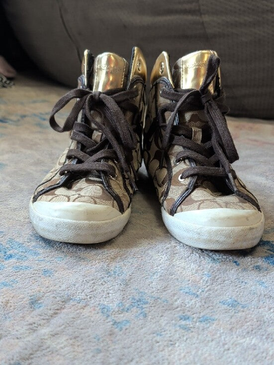 Coach Monogram High-Top Sneakers in Brown and Gold Metallic Men's 9.5 US