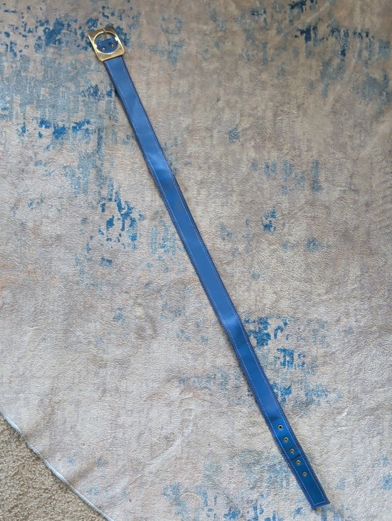Vintage Stamped Blue Leather Dress Belt with Gold Buckle MCM