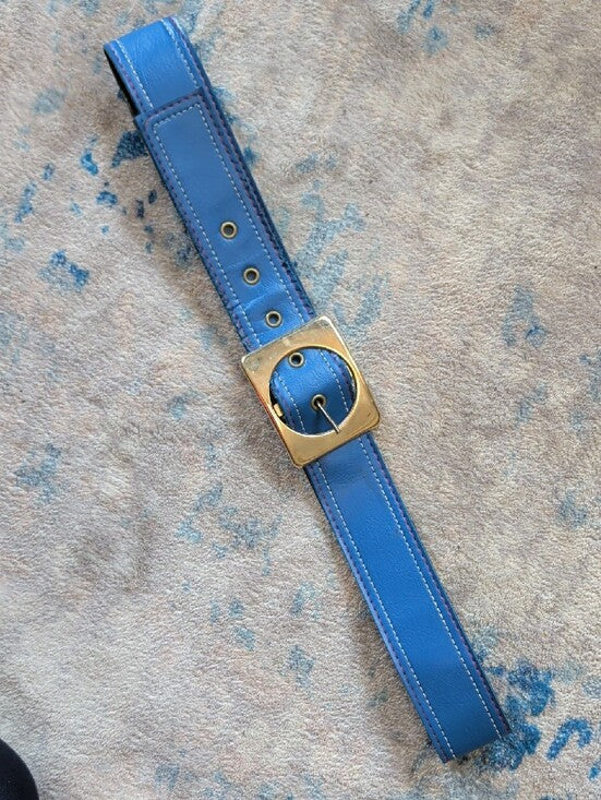 Vintage Stamped Blue Leather Dress Belt with Gold Buckle MCM