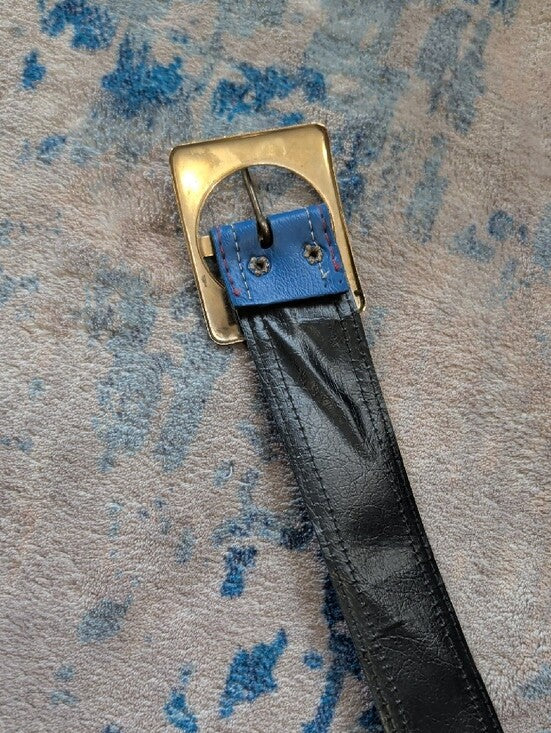 Vintage Stamped Blue Leather Dress Belt with Gold Buckle MCM
